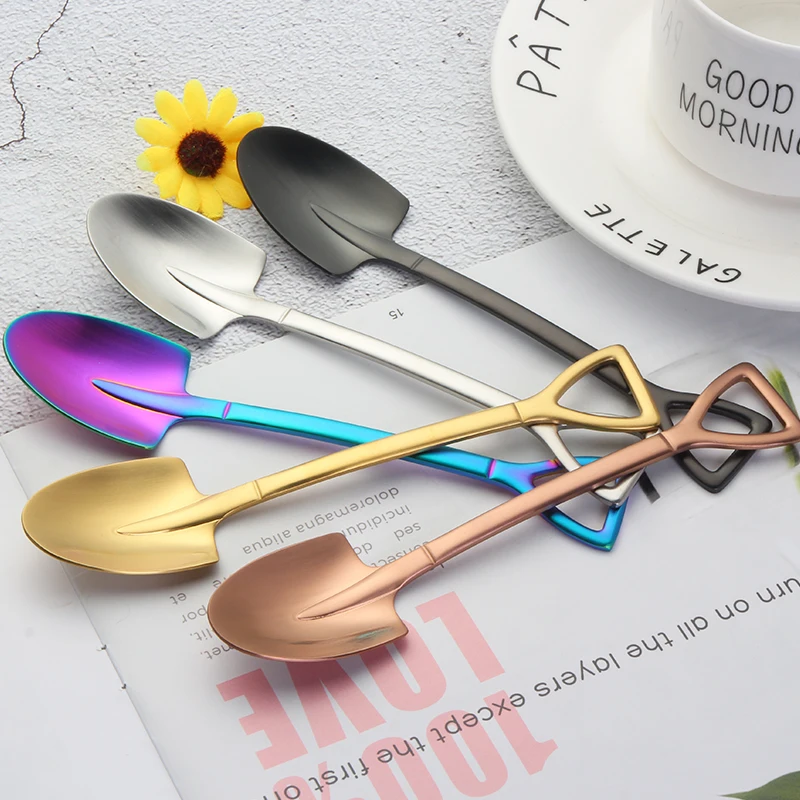 
Creative Colorful Stainless Steel Shovel Shape Spoon For Tea Coffee Cream Dessert 