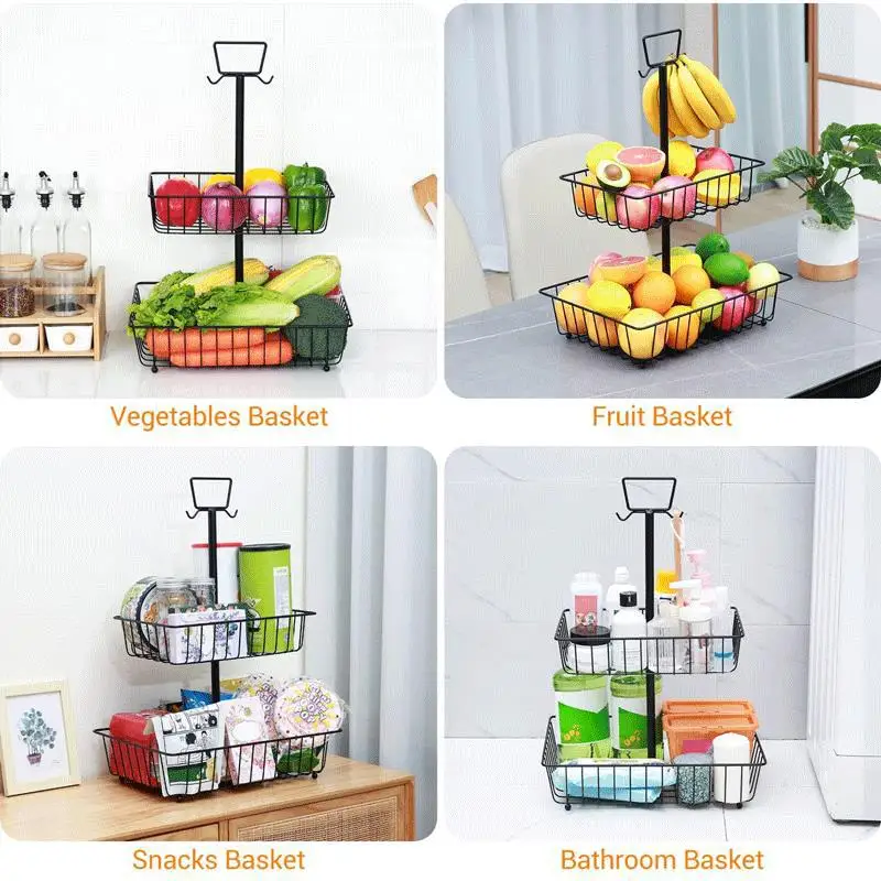Detachable double metal fruit basket Countertop fruit drain basket with banana rack desktop snack storage basket
