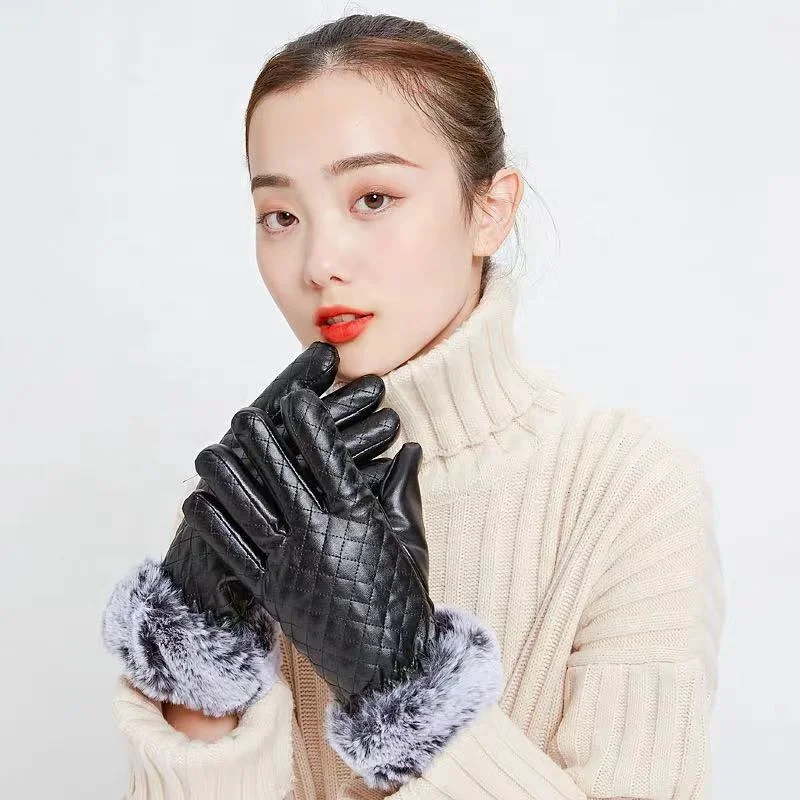 Hot Sell Winter Warm Gloves PU Leather Faux Fur Cuff Gloves Touch Screen Gloves for Women