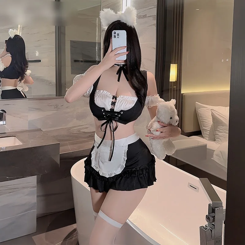 Cosplay Costume Outfit Short Sleeveless Open Chest Night Japanese Mature Women Sexy Bra Maid Lingerie