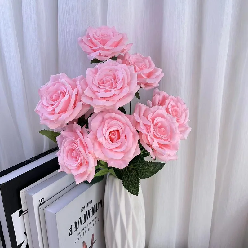 Factory Direct Sell Colourful Artificial Flowers Wedding Rose With 9 Heads Flower Bouquet