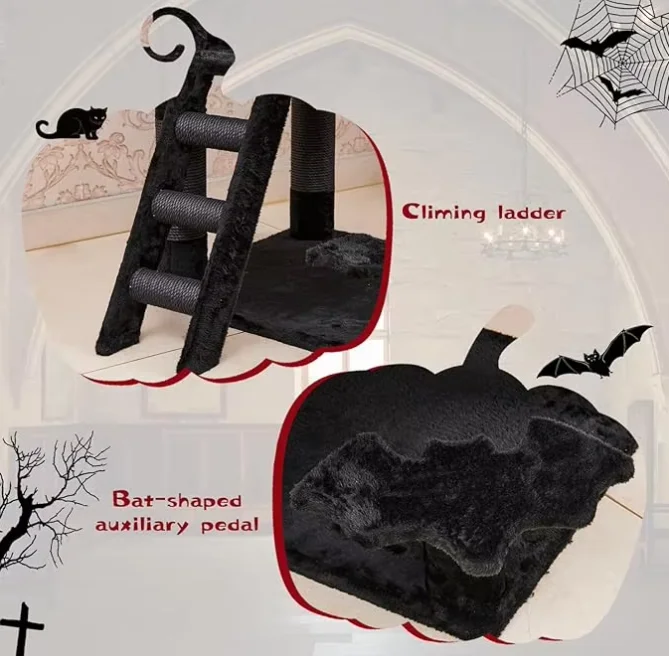 Luxury Siasl Cat Tree with Spider Hanging Ball Multi-Level Cat Activities Furniture for Cats Black Halloween