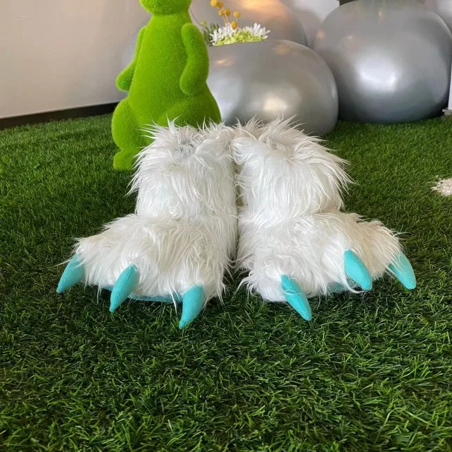 Custom cute soft fluffy fur Furry  funny claw paw tiger dinosaur black bear slippers costume footwear cotton slippers