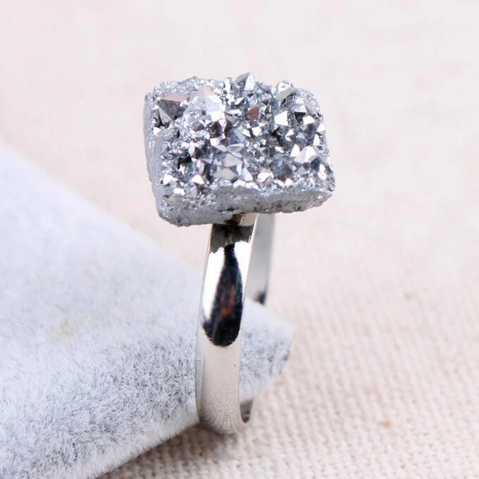 Fashion Accessories Jewelry Open square Crystal Natural Stone Druzy Ring Adjustable Gemstone Rings