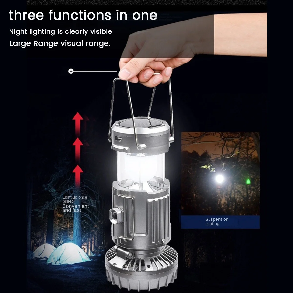 Hot Selling New Outdoor Ceiling Fan Abs Body Solar Charging Hook Emergency Lighting Tent Led Camping Light Flashlight