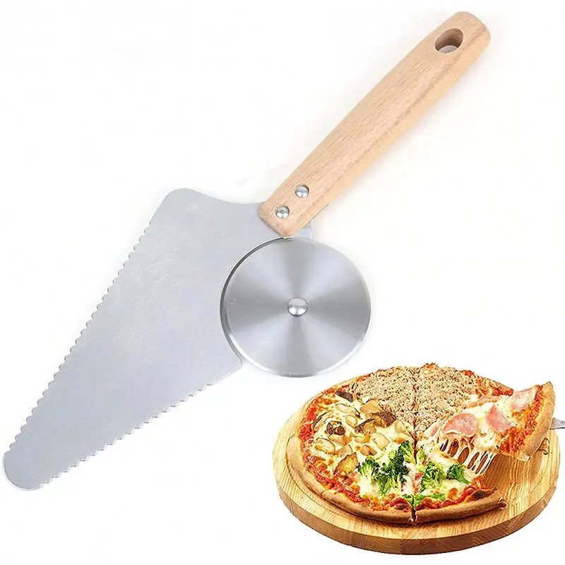 2 in 1 Multifunctional Pizza Cutter Wheel Stainless Steel Pizza Slicer Server Clip with wood handle kitchen gadget