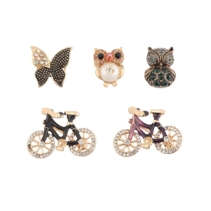 Wholesale Custom Sorority Pink Green Rhinestones Women Accessories Cartoon bicycle Owl Brooch