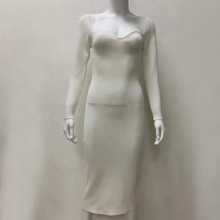 New ribbed knit dress manufacturers custom ladies long sleeve low collar sexy Midi dress tight ball women dress