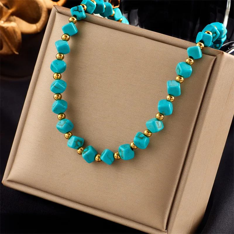 Titanium Steel Necklace Collarbone Necklace Jewelry Creative Personality Turquoise Titanium Steel Beaded Braded Necklace