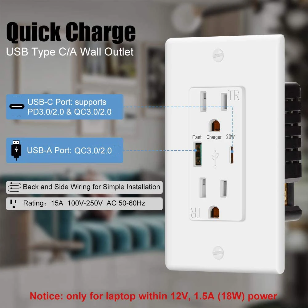 Keygma 20W USB-A Quick Charge 3.0 USB-C Power Delivery Port Usb Type C Wall Outlet