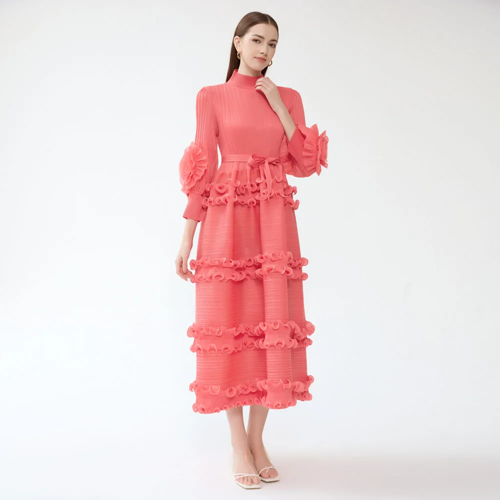Custom Women High Quality Plus Size Solid Pleated Petal Sleeve Luxury Waisted Personality Madi Ladies Pleated Dress
