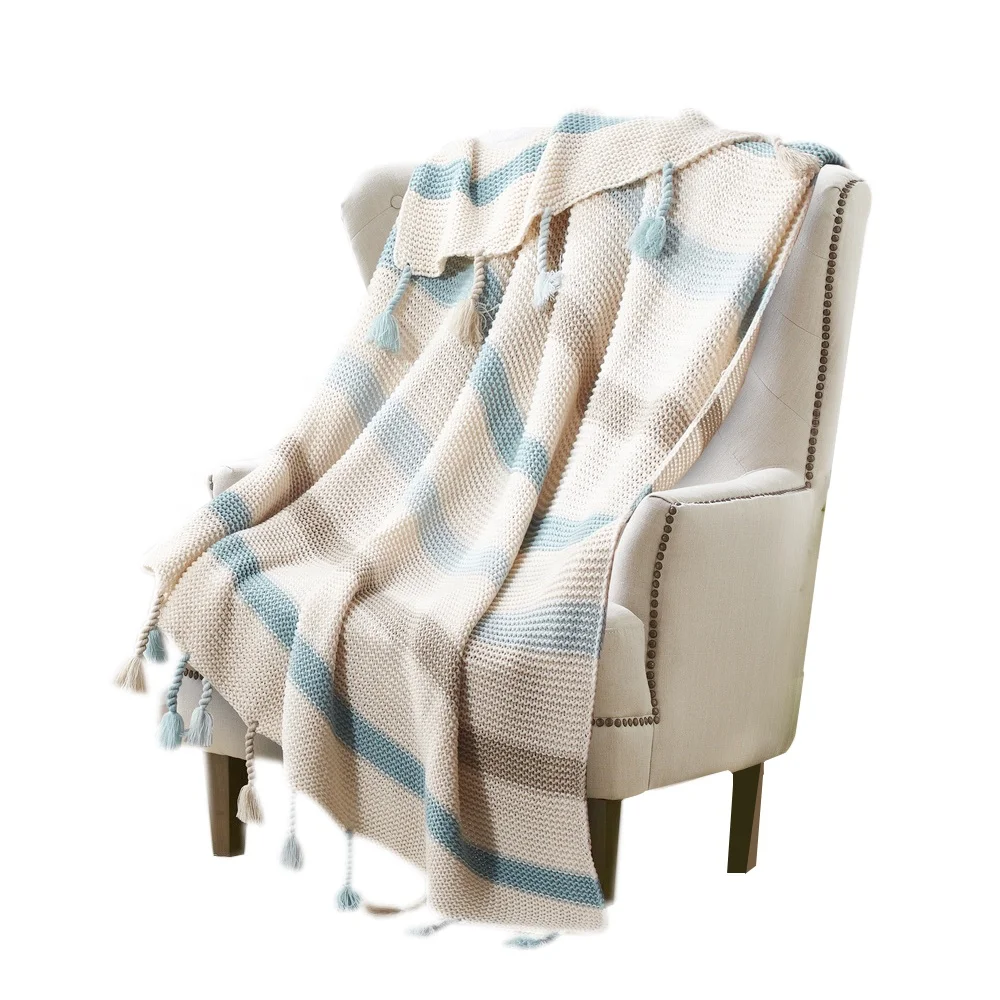 Home textile heavy knitted blankets handmade fringe striped blankets