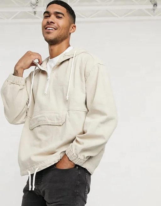 2020 New Arrival Men Custom Embroidery Pouch Pocket Drawstring hood Denim Hoodies Jacket in Beige