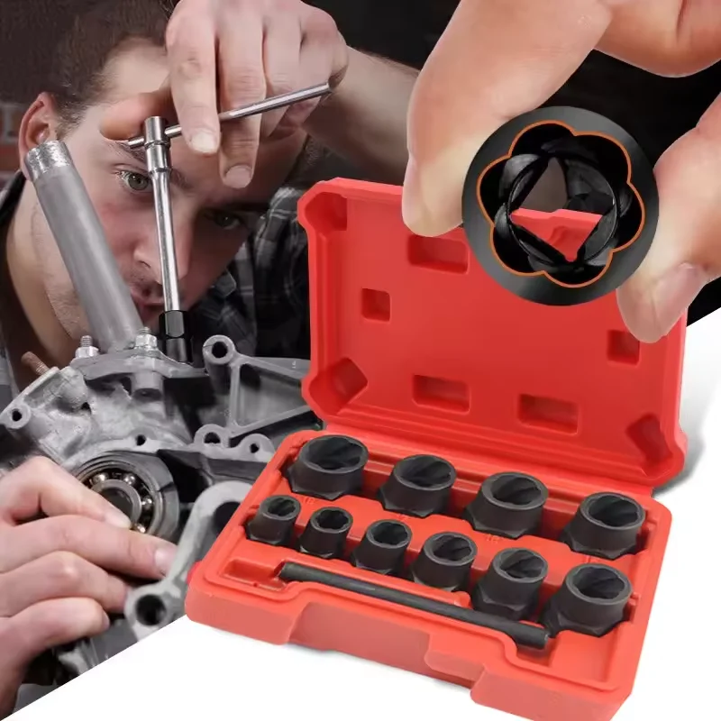 11PCS Impact Bolt & Nut Remover Set Extractor Sleeve Set Damaged Frozen Rusted Rounded-Off Bolts Nuts Screws Anti Theft Socket
