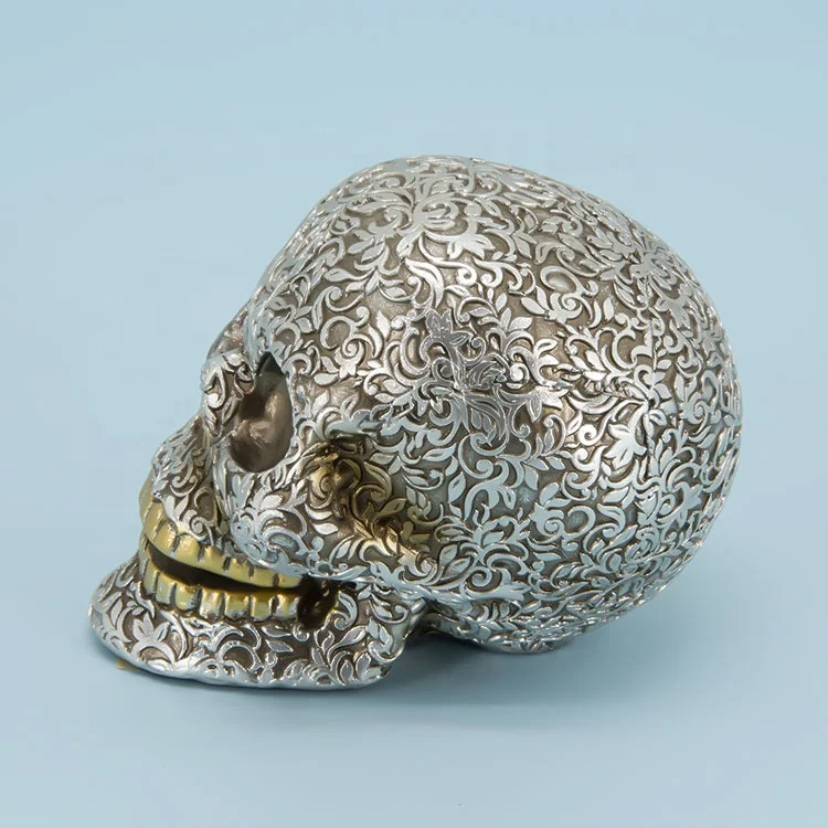 Latest Art Halloween Silver Gray Head  Skulls With Flower Pattern Ornaments
