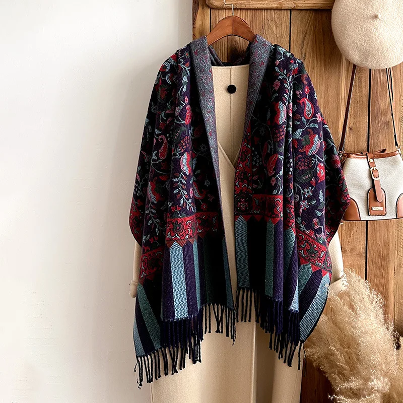 Winter Jacquard Paisley Ethnic Styles Vintage Cashmere Pashmina Long Double Sided Shawl Wrap Tassels Scarf