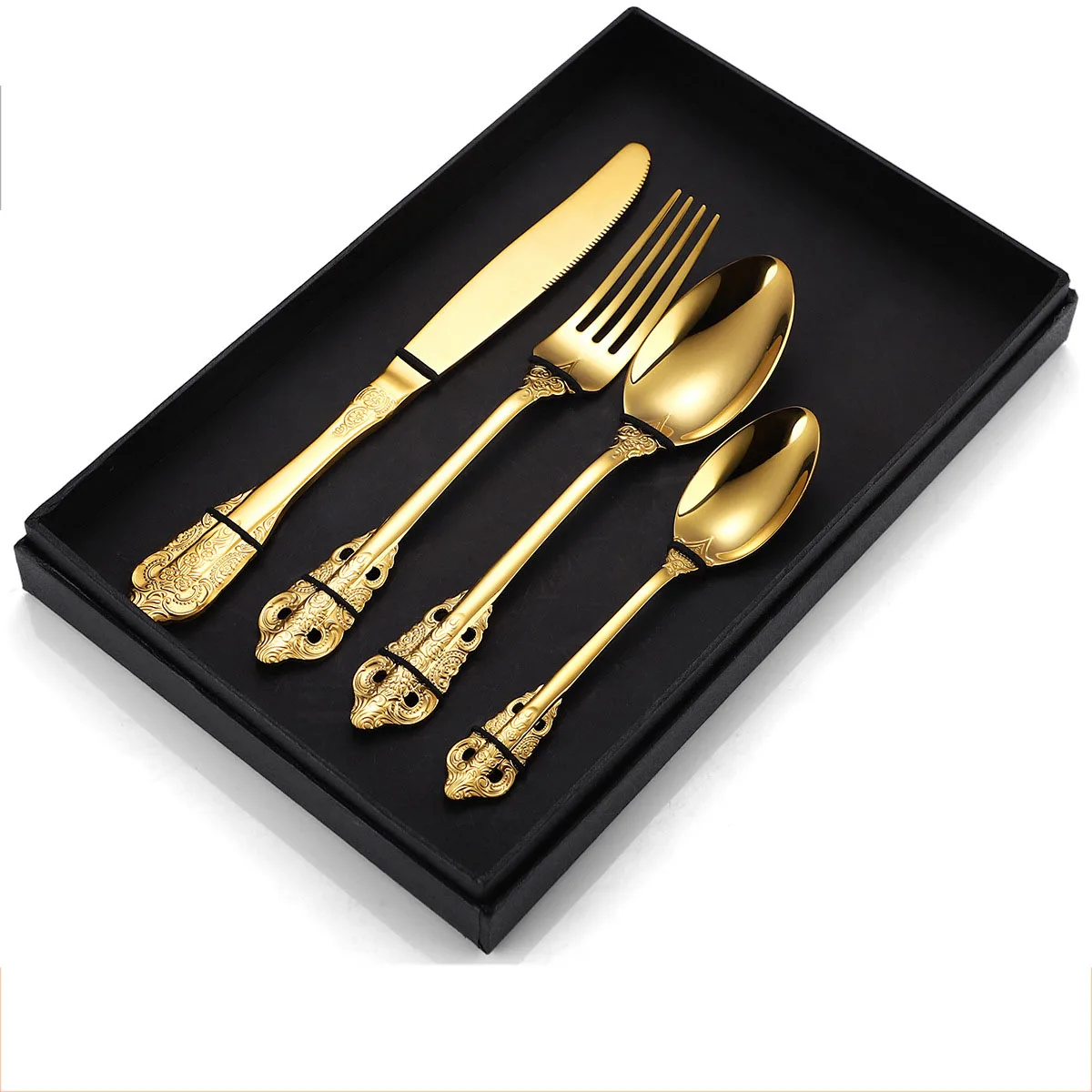 304 Stainless Steel Embossed Handle Antique Gold Cutlery Set 4 Pcs Knife Fork And Spoon Silverware Set