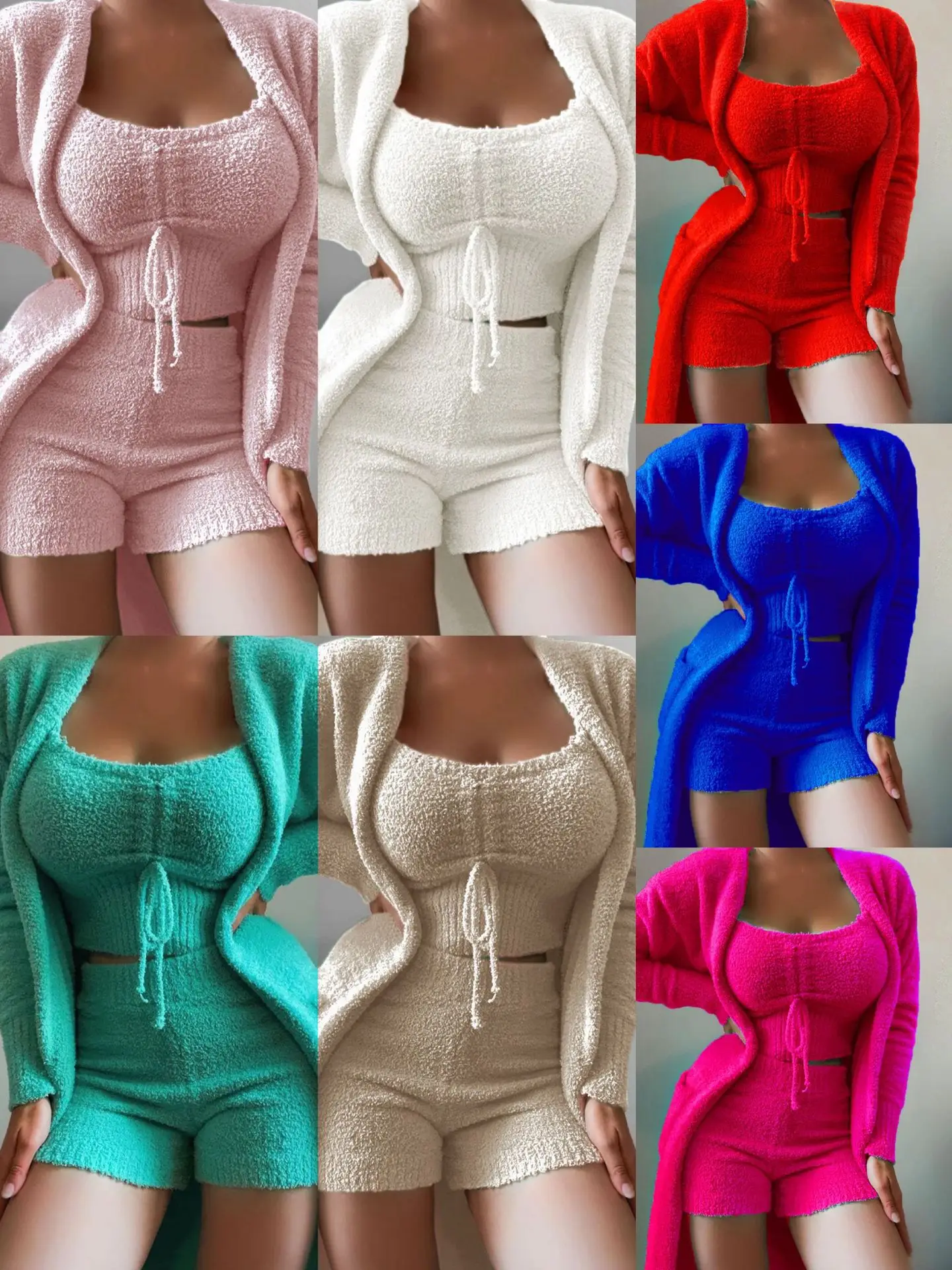 2024 Winter Wool Coral Plush Pajamas 3 Pcs Hooded V-Neck Robe Vest Shorts Sexy Bathwear Loungewear for Women