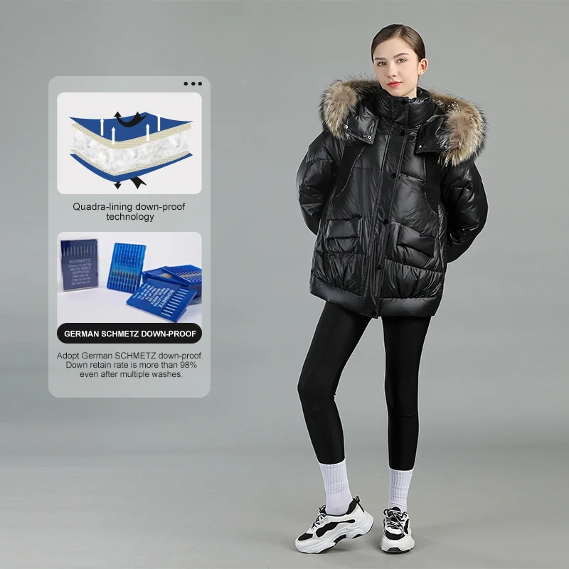 high quality puffer jacket women 90% duck down filled coat ladies zipper coat outdoor oversized parka with belt