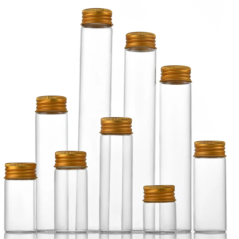 Test Tube Round Flat Bottom Medical Clear Glass with Aluminum Screw Lid and Stopper 20ml 30ml 50ml 80ml 100ml Cosmetic Packing