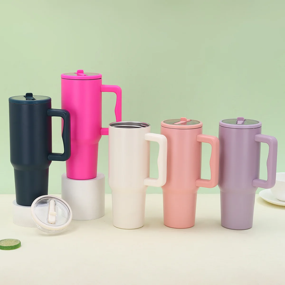 Custom 40oz Double Wall Vacuum Insulated Thermos Cup With Handle Lid Stainless Steel Car Thermos Foldable Straw Coffee Bottle