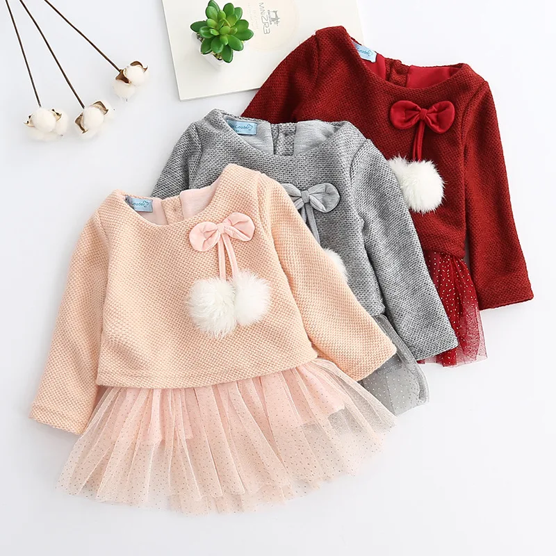 
autumn cotton venonat sleeve o-neck bow sequins mesh hem princess dresses for baby girl 