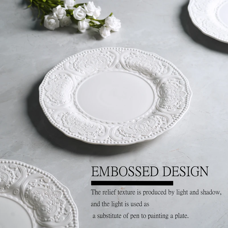 Hot Selling Baroque White Plate Ceramic Embossed Design Porcelain Tableware
