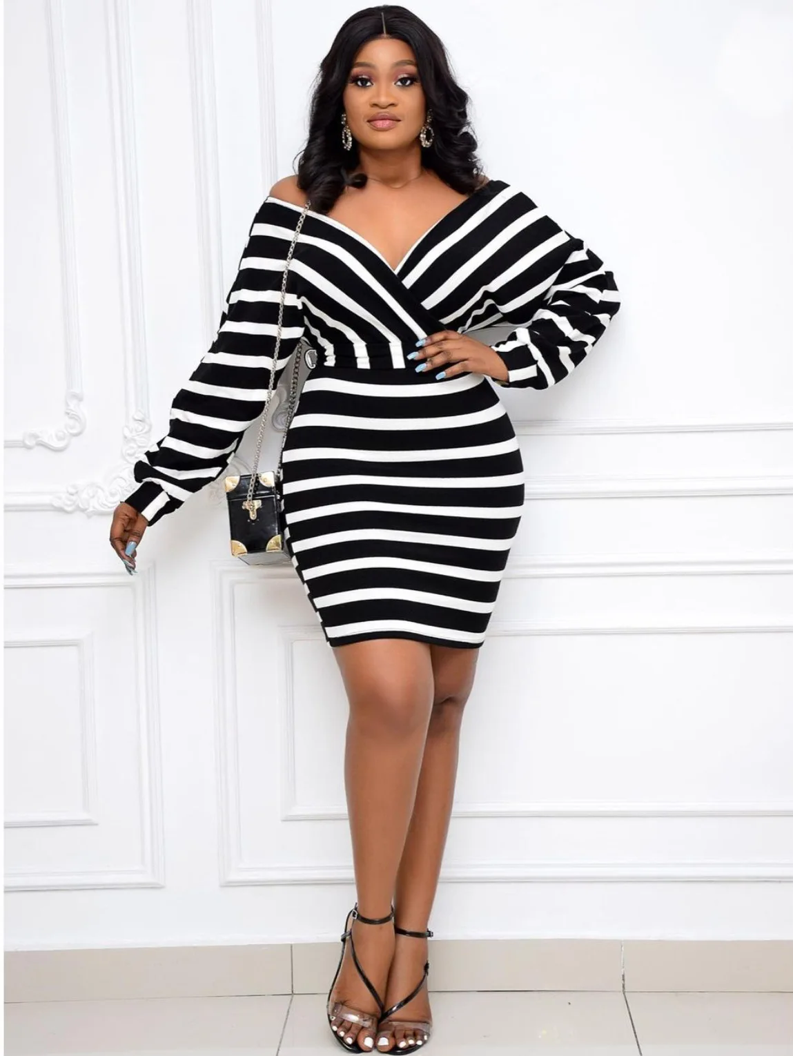 Womens Casual fall clothing 2021 Best-selling with belt stripe V neck office sexy women fashion plus Size Dress