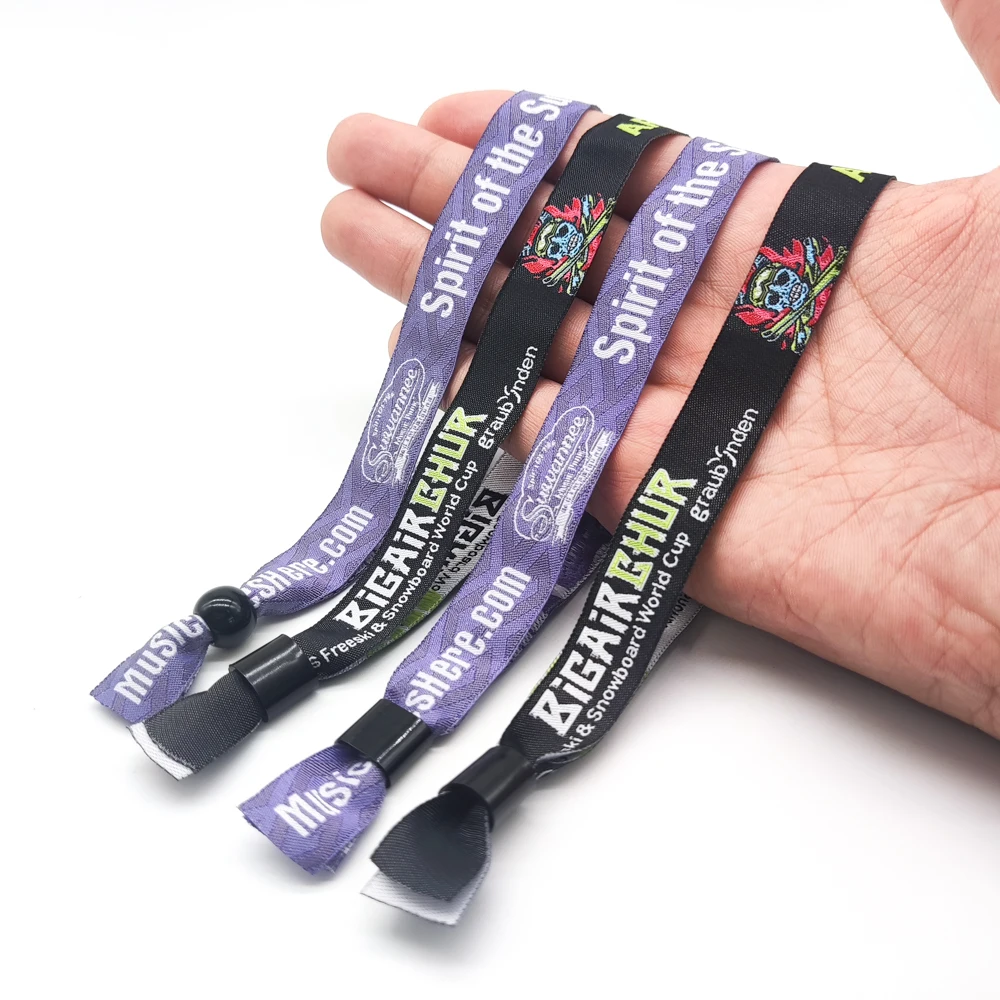 Promotional Eco Friendly Adjustable Plastic Clip Event Party Bracelet Custom Festival Fabric Woven Wristbands
