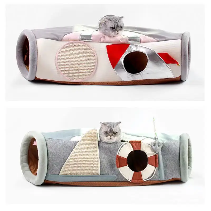 
Creative Pet Toy Cat Tunnel with Cat Scratch Board and Cat Teaser Semi-enclosed Spaceship Shape 