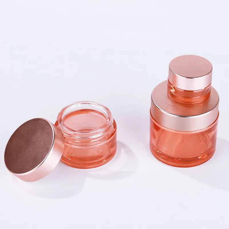 
5ml 10ml 15ml 20ml 30ml 50ml 60ml 100ml rose pink cosmetic cream jar face cream bottle container with rose gold lid 