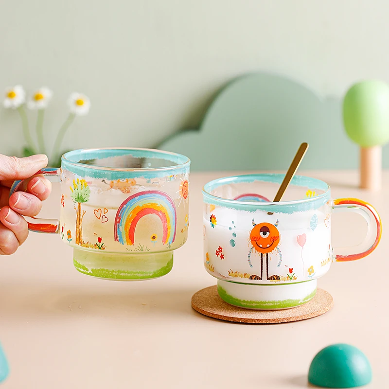 Ceramic Milk Drinking Cup Heat Resistant Borosilicate Glass Breakfast Coffee Mug With Spoon