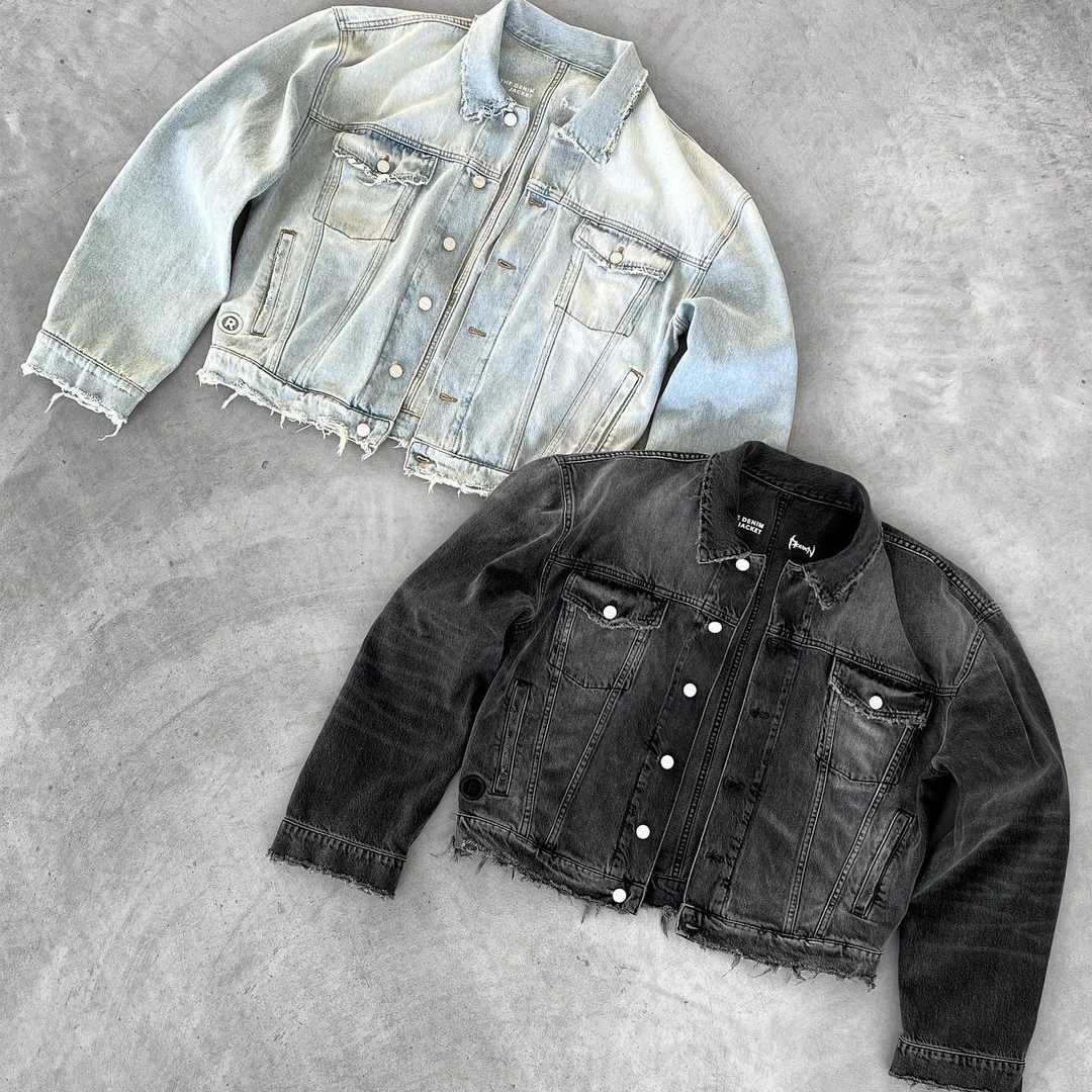 Custom Men Women Vintage Black Washed  Frayed Hem Acid Wash Plain Oversized Baggy Denim Jacket Cropped Denim Jacket Unisex