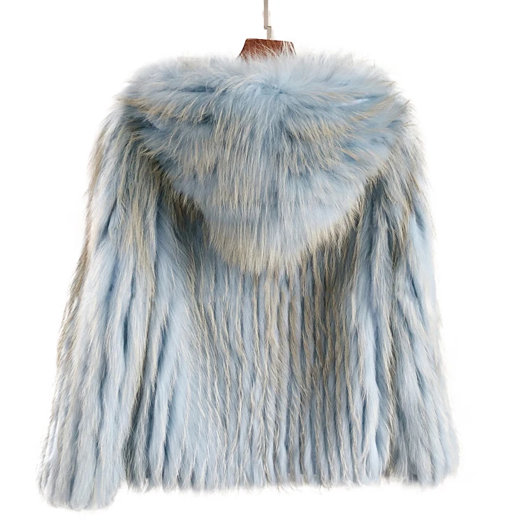 
Wholesale Woman Winter Fox Fur Coat Hooded Knitted Fur Jacket 