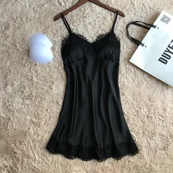High Quality Lingerie Silk Sleepwear Sleeveless Chemise Pajamas Satin Lace Night Dress for Women