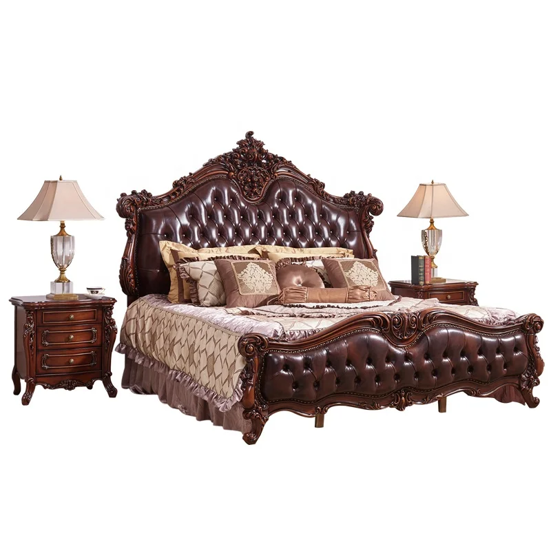 2019 Европейский Королевский роскошный резной натуральная кожа King Size деревянная мебель кровати