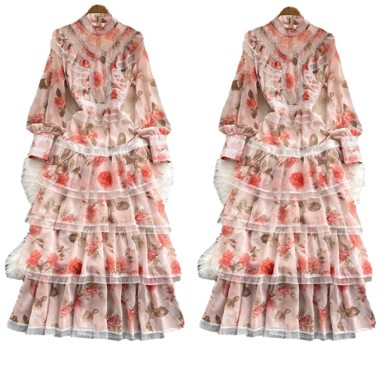 Wholesale Elegant Casual Dresses Pleated Peplum Lace Printing Princess Dress Puff Sleeve Birthday Party Floral Womens Dresses