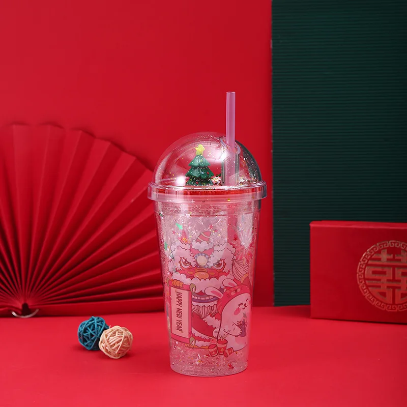 BPA Free 450ML double walled tumbler with straw Christmas Gift Cup Spot Creative Flash Pink Summer Ice Plastic Straw Cup