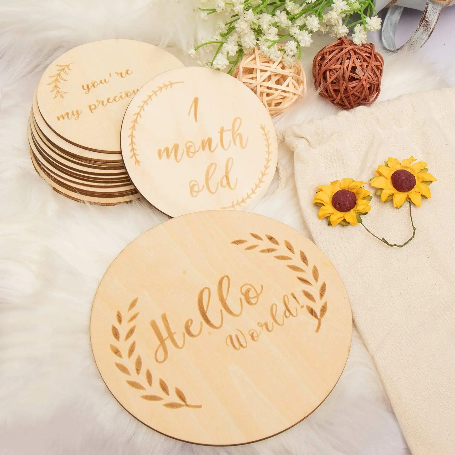 4 Inch Baby Monthly Milestone Wooden Discs 13 Double Sided Cards Newborn Photo Props Welcome Announcement Birth Gift Age Blocks