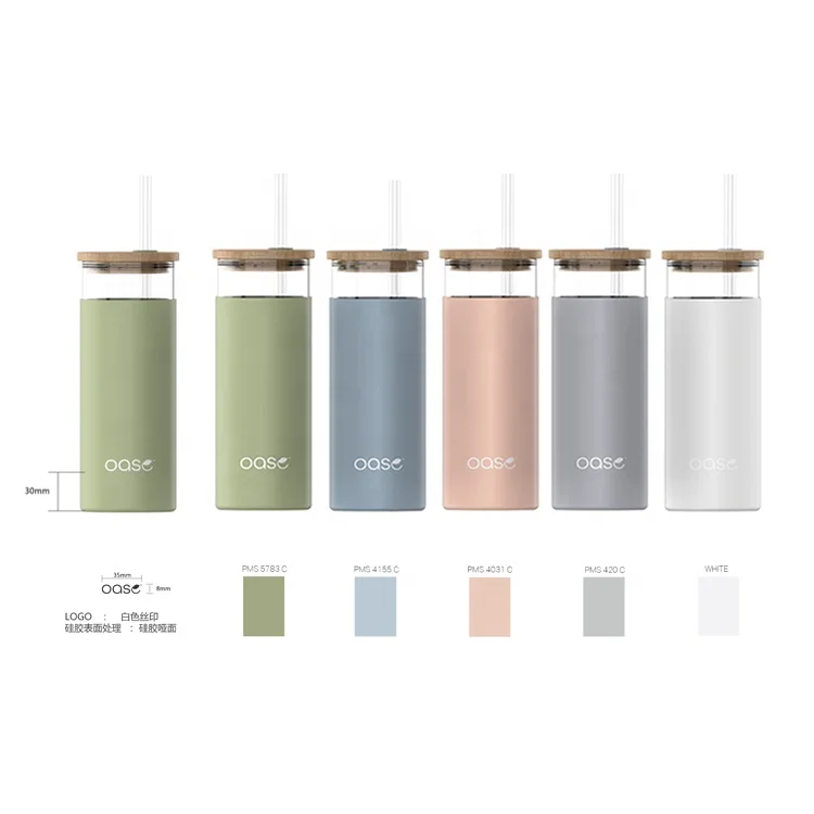 
Hot Sales BPA free bamboo lid silicone sleeve drinking glass tumbler cup with straw 15 Oz 