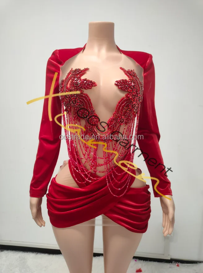 Ocstrade Ropa De Mujer Velvet Long Sleeve Rhinestone Min Birthday Dress Red Mesh See Through Elegant Evening Dress Club Party