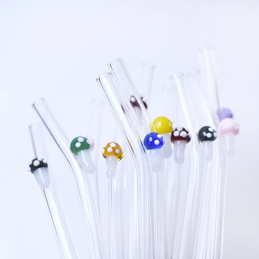 Handmade Mushroom Glass Straw with charms Milk and juice borosilicate glass transparent bent straw reusable