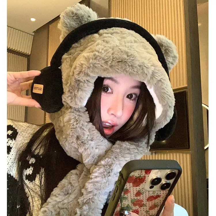 Cute 2 in 1 Winter Warm Cat Ear Beanie Hats Scarf Neck Warmer Fuzzy Fluffy Furry Fur Hat Women Girls Hat and Scarf Set