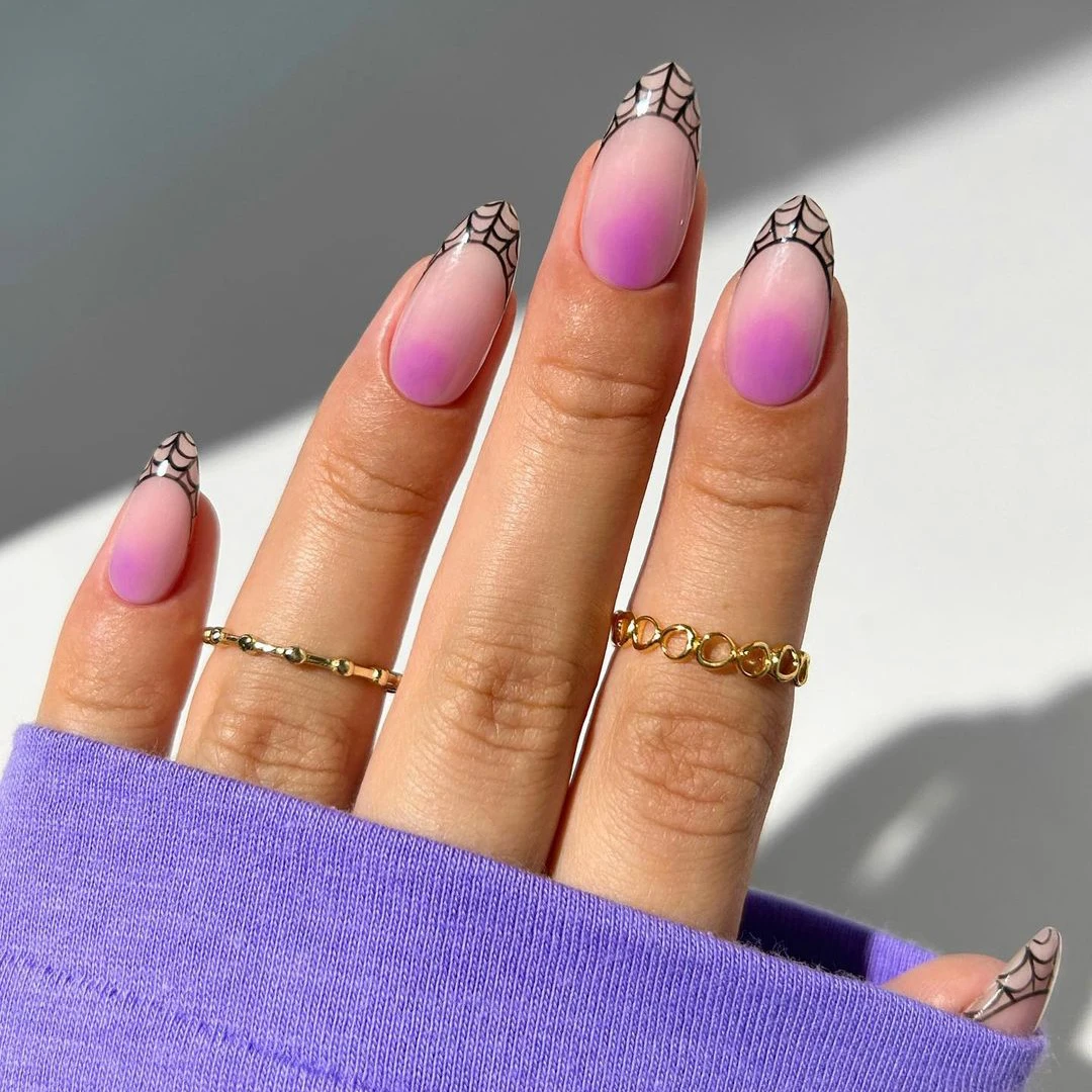 Custom Designer Fake Handmade Artificial Nails Short Almond Purple Gradient Soft Gel Cute Halloween French Tip Press On Nails