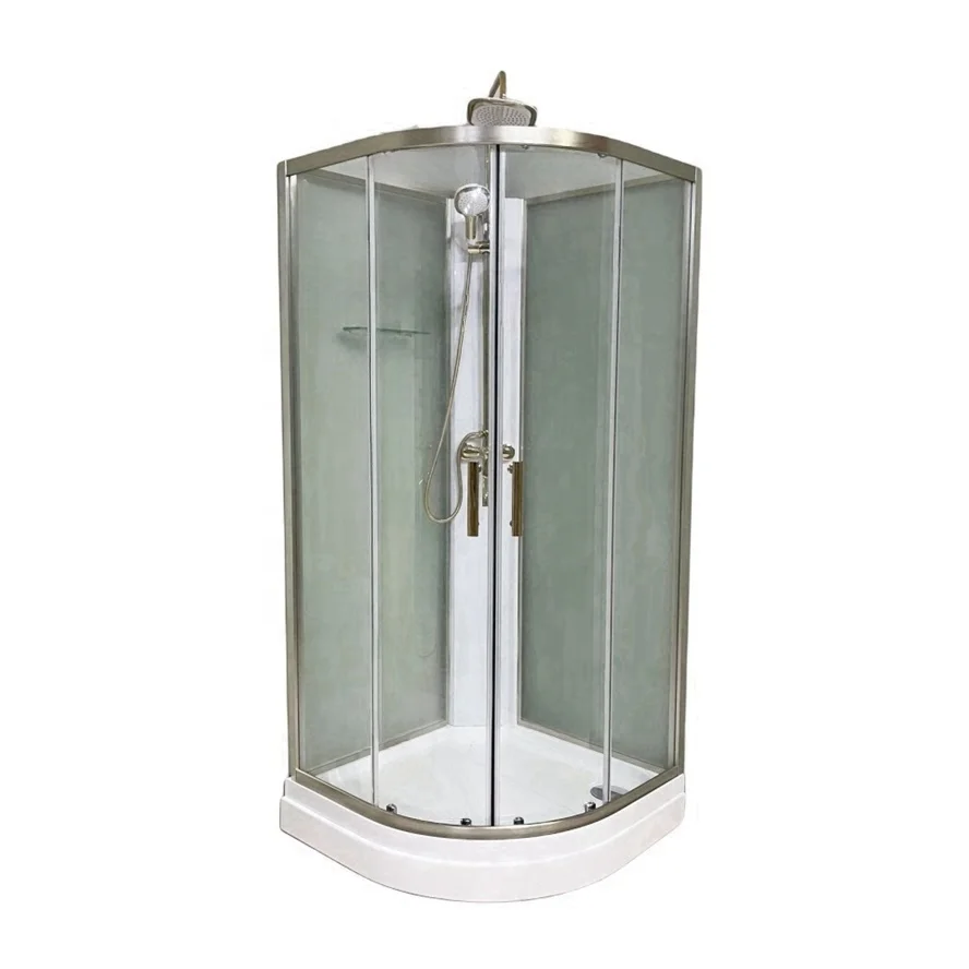 Oumeiga Modern 80*80*225cm Portable Gold Shower Cabin with White ABS Tray & Sliding Door Aluminium Frame Brushed Finish Home Use