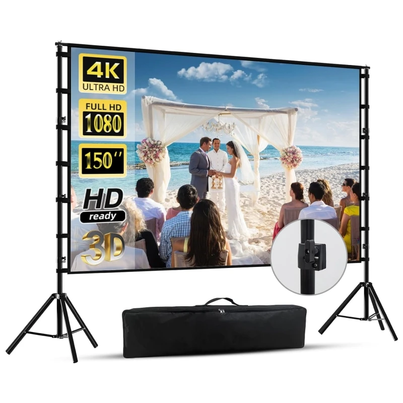 Alr Projector Movie Screen with Stand, 4K HD16:9 Projector Screen with Stand 150 inch for Home Theater Backyard Cinema
