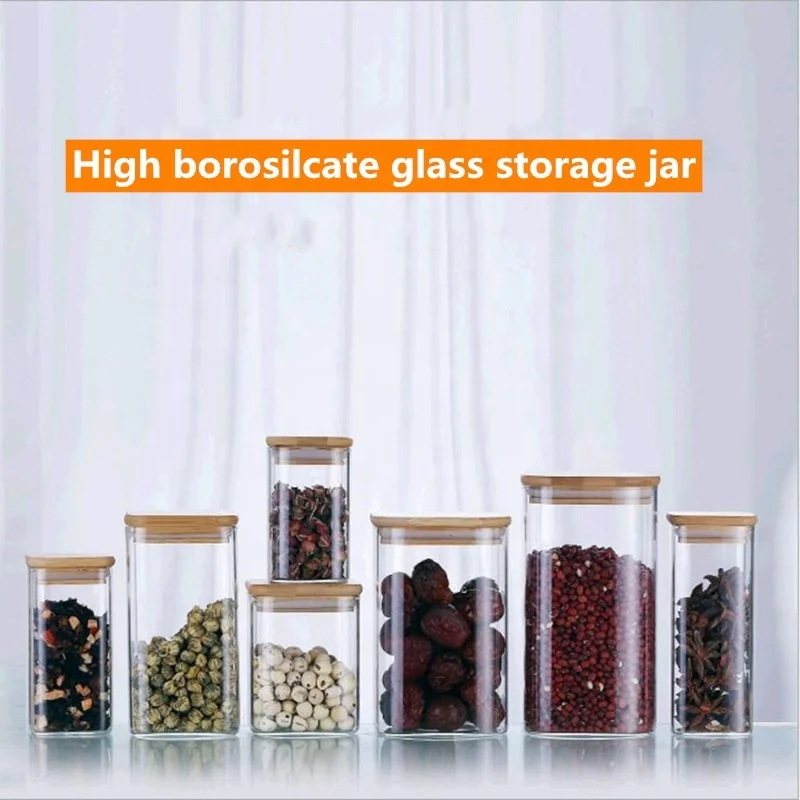 Hot Sell Airtight Food Cans Square Storage Glass Jar Cylinder With Wooden Top Lid