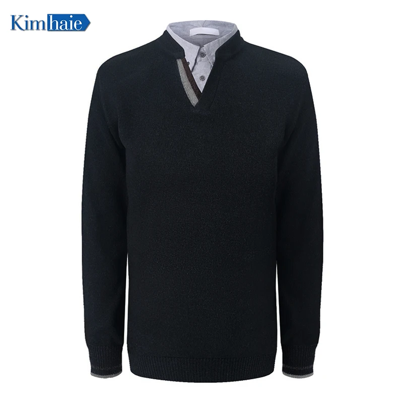 
New Leisure Winter Sweater with Shirt Collar Pullover Formal Wear Navy 2021 Mens Cotton Plain Sweater Men 