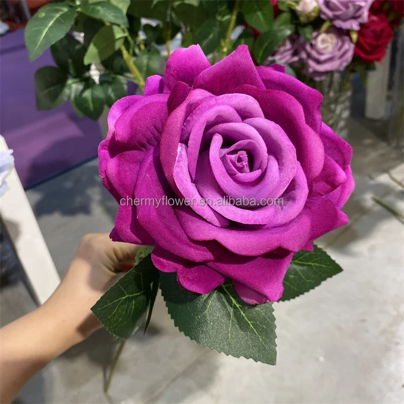 CM-TH883 Large Head Velvet Rose Artificial Red Pink Rose Velvet Flower for Home Decor