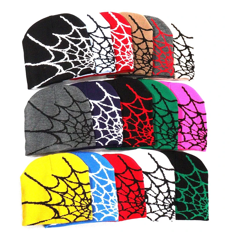 Manufacturers Custom y2k accessories fashion style spider web gothic streetwear jacquard knit no cuff beanie hat for men